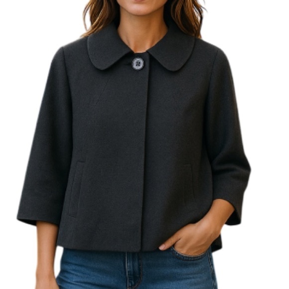 TAHARI Cashmere Blend Boxy Jacket Dark Charcoal Grey 3/4 Sleeves Monochrome 8 - Picture 1 of 14